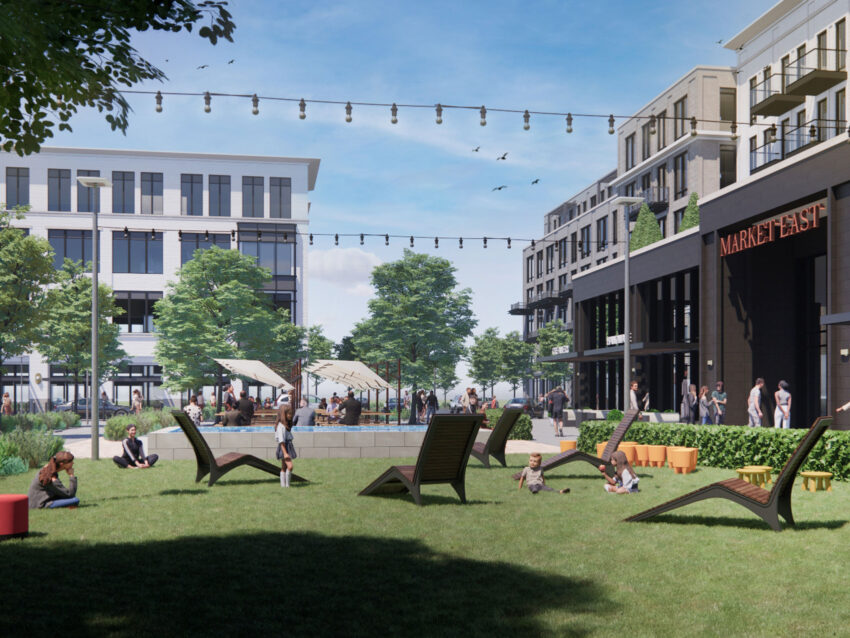 Outdoor food hall with chairs and children playing