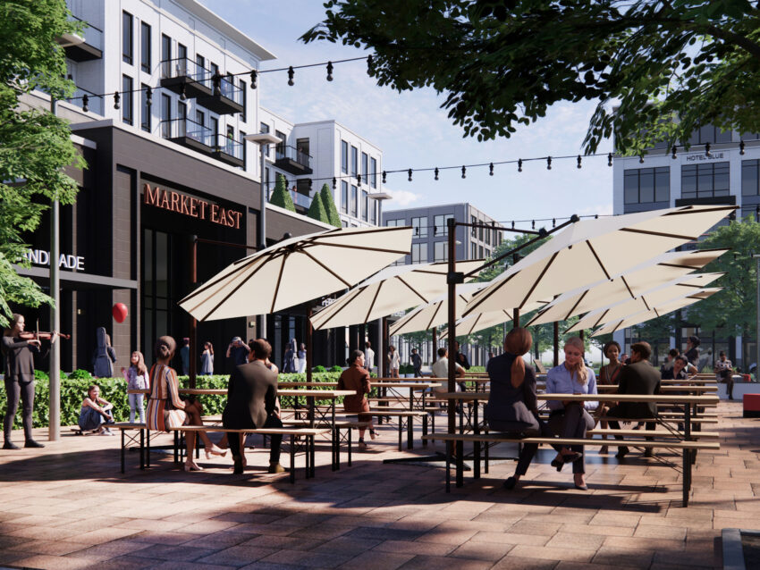 Outdoor food hall with umbrellas and tables