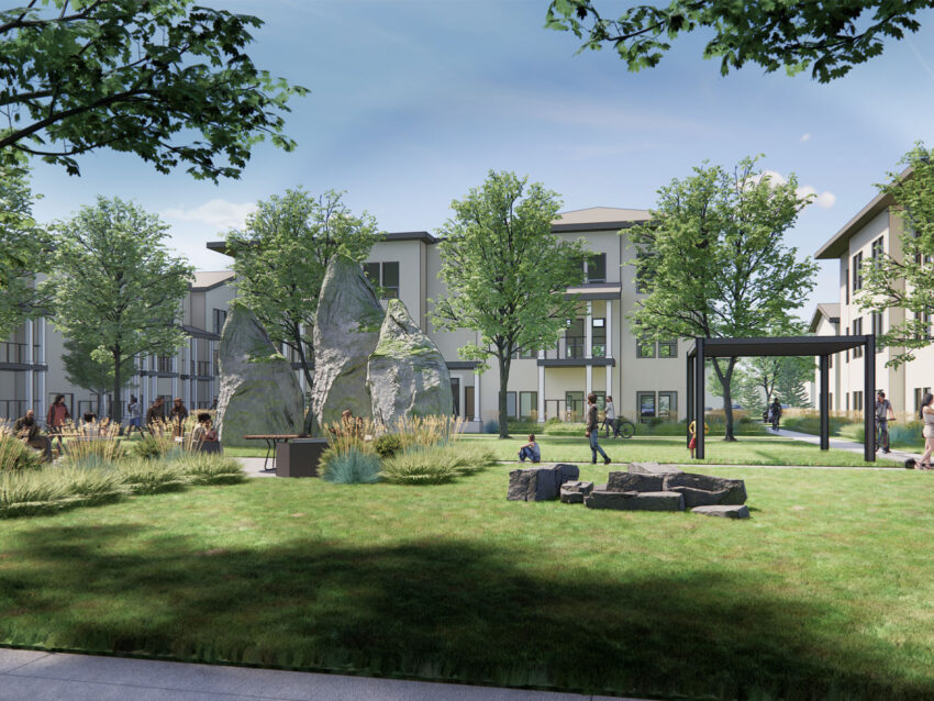 rendering of a park with three tall boulders at the center. People walk or ride bikes and scooters through the park amongst landscaping and tables