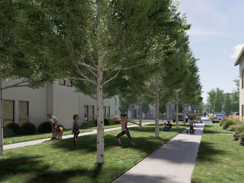 Walkways and green space between buildings with trees and people exercising. parking lot with cars is in the background